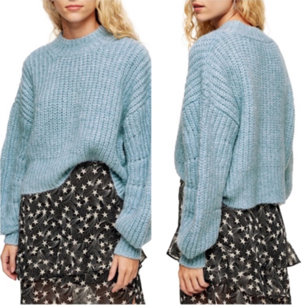 Topshop Balloon Sleeve Mock Neck Knit Sweater Light Blue size Small